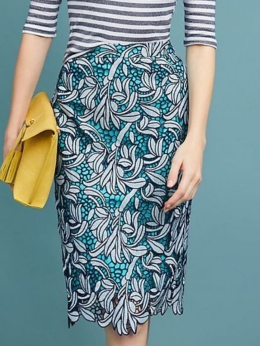 Anthropologie Maeve Tallulah Blue Gray Black Floral Lace Pencil Skirt Size 6